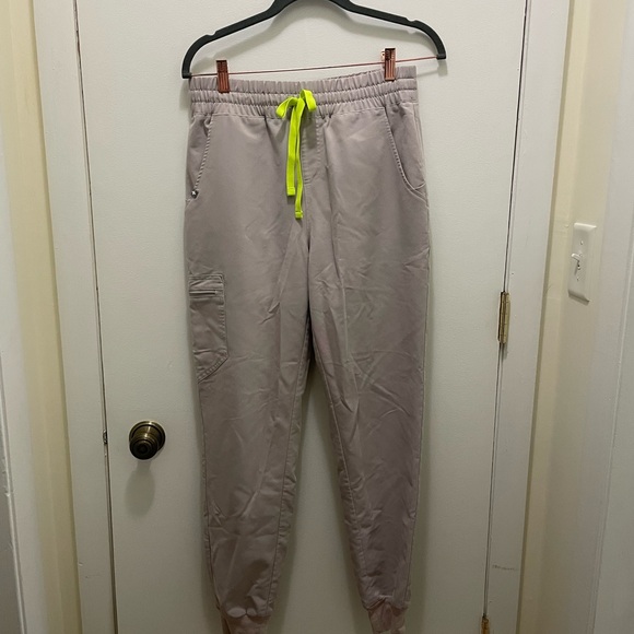 Figs Pants - Figs women’s Jogger Pants in Gray with Neon Drawstring